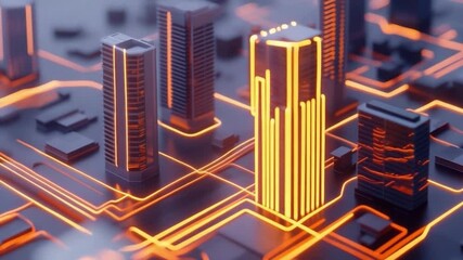 Poster - Futuristic Cityscape with Neon Lights and Circuitry Design Representing Advanced Technology and Urban Innovation