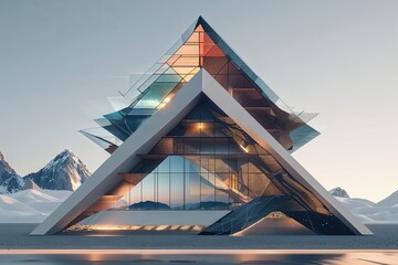 Poster - Innovative Triangular Architecture Featuring Multilayered Digital Elements and Geometric Design