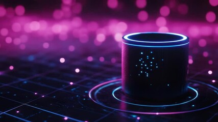 Poster - Futuristic glowing cylindrical shape on vibrant neon background with colorful abstract particles and digital patterns
