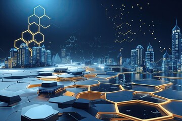 Poster - Innovative Healthcare Technology in a Futuristic Medical Landscape with Hexagonal Grid Designs