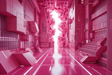 Poster - warm pink digital tapestry featuring cascading geometric shapes and advanced technology design