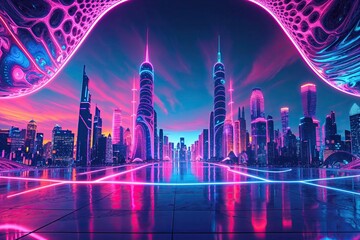 Poster - Vibrant Neon Futuristic Cityscape with Dynamic Horizon and Fractal Patterns