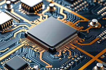 Leinwandbilder - Textured Circuit Board Design Featuring Metallic Finishes and Signal Wave Patterns in Technology Concepts