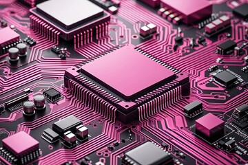 Leinwandbilder - Innovative Pink Circuit Board Design Featuring Flowing Lines and Neuromorphic Computing Technology Background