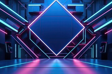Poster - Blue Geometric Shape Abstract Technology Background with High-Tech Design and Neon Glow