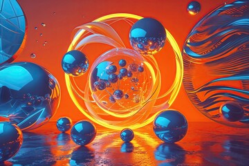 Poster - bright orange backdrop with futuristic glowing spheres and abstract dynamic designs