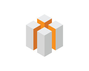 Poster - Abstract isometric design featuring interconnected grey cubes with vibrant orange accents.  Perfect for concepts of connection, unity, teamwork, or modern technology.