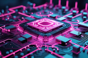 Leinwandbilder - Futuristic Technology Backdrop: Advanced Quantum Computational Paradigms with Distinctive Magenta Circuit Design and Oscillating Flows