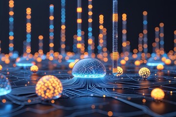 Poster - Advanced Electronic Ecosystem with Glowing Particles and Data Distribution Network Model