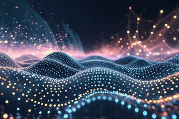 Poster - Captivating Digital Wave Experience with Illuminated Dots and Ethereal Particles in a Tech-Inspired Background
