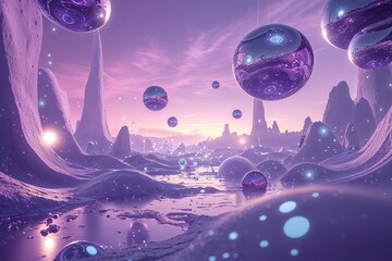 Poster - futuristic lavender digital landscape featuring floating orbs and dynamic background effects
