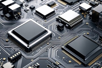 Leinwandbilder - Elegant Circuit Board Design with Sharp Angles and Data Pathways in a Modern Silver Texture