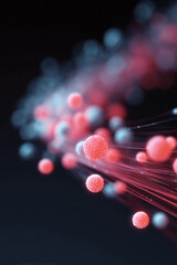 Poster - Abstract, scientific visualization. Pink and blue spheres connected by delicate filaments against a dark backdrop. Represents connectivity, networks, or biological processes.