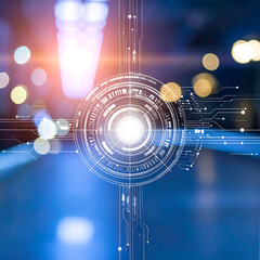 Poster - Abstract hitech design with futuristic circular element and blurred urban lights. Perfect for illustrating innovation, connectivity, data analysis, and digital transformation.
