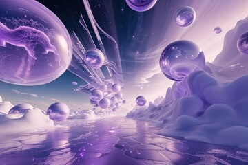 Poster - Futuristic Lavender Digital Landscape with Floating Orbs and Dynamic Background Elements