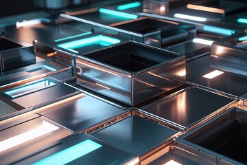 Poster - Illuminated Metallic Cube Surface with Futuristic Design Elements