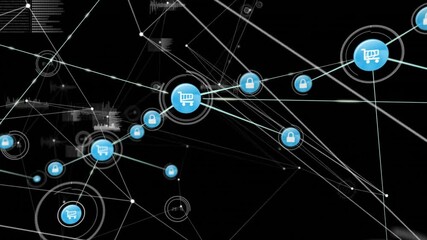 Poster - Central blue cart icon radiating lines and spawning padlock icons expanding secure commerce network