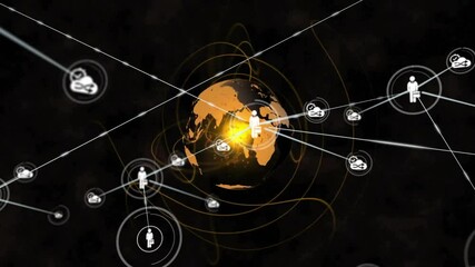 Poster - Bright yellow core pulsing starting Earth rotating while worker icons orbiting forming global web