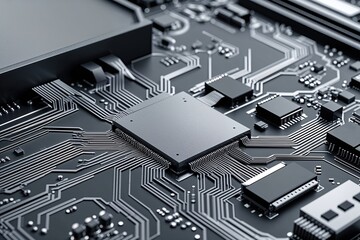 Leinwandbilder - Sleek Circuit Board Design Featuring Sharp Angles and Data Pathways in Modern Silver Texture