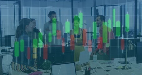Poster - Woman pointing laptop initiating finance team analyzing animated stock chart for data insights