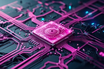 Fototapete - Futuristic Technology Background Featuring Advanced Quantum Computing Paradigms with Unique Magenta Circuit Patterns and Dynamic Flow Visualization