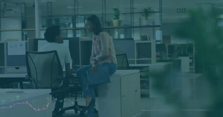 Poster - Woman ending phone call and turning to colleague pointing at monitor with rising business graphs