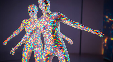 Poster - Rainbow Reflections Emanate From Figures Clothed In Light Performing Subtle Dance