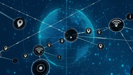 Poster - Digital Earth appearing center pulsing central node sending beam adding WiFi icons showing network