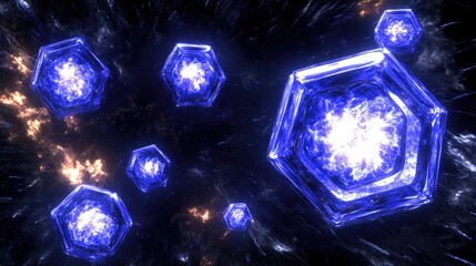 Leinwandbilder - Sparkling, hexagonal crystals suspended in a dark void.
