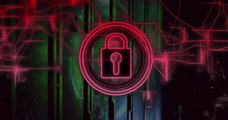 Poster - Faint red circuit lines crawling from left activating padlock icon grid signifying data security