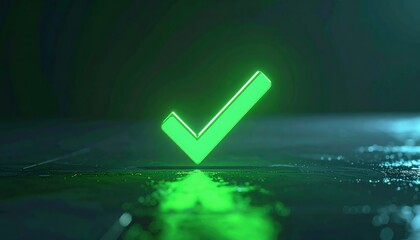 Poster - Modern glowing green check mark symbol on dark surface representing approval success confirmation and validation