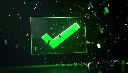Poster - Modern digital checkmark icon illuminated in green with particle effects on dark background