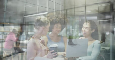 Poster - Professionals arriving table exchanging coffee cup opening laptop and loading business document