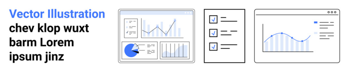 Poster - graphs, charts, and checklist screens showing data visualization, task management, and analytics. id