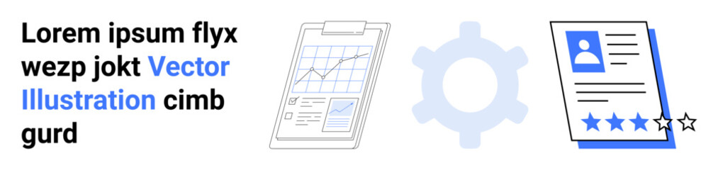 Poster - Clipboard with graph, gear illustration, user rating document with distinct four-star highlight. Ideal for data analysis, workflow management, performance review, professional profile, usability