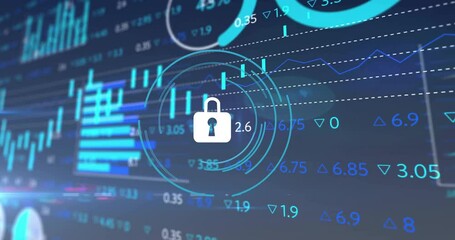 Poster - Lock fading in causing rings spinning, bar chart filling and labels updating representing security
