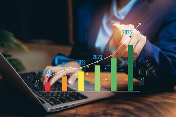 Poster - Business Growth 2025 concept. Business Growth Analysis Showing Bar Graph Data Projections from 2020 to 2025 with Laptop and Professional Setting