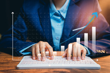 Poster - Business chart concept. Business professional using keyboard with digital growth chart representing success and productivity in modern workspace