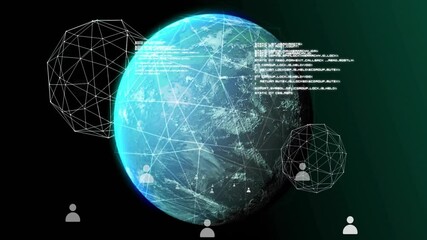 Aufkleber - Opening Earth rotating under mesh showing icons and data overlay, code scroll showing network flow