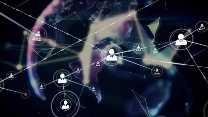 Poster - User icon shooting glowing line linking nodes, hand gliding, globe spinning, expanding network