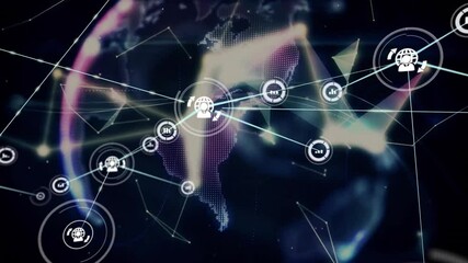 Poster - Central hub appearing, firing beams to nodes, overlaying hand, globe rotating, visualizing network