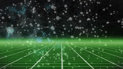 Poster - On start simulation showing green grid with drifting nodes and glowing lines visualizing data flow