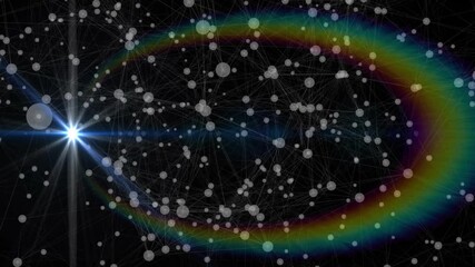 Poster - Bright blue starburst appearing left causing rainbow halo forming nodes showing connectivity