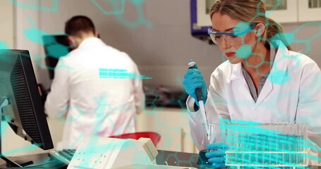 Poster - Female chemist using pipette aspirating fluid for prep while male typing data overlays drifting