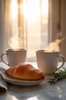 © Ilannn - A Cozy Morning's Delight: Two steaming cups of coffee and a fresh croissant on a marble surface bathed in the warm glow of the morning sun, creating a tranquil and inviting breakfast scene.