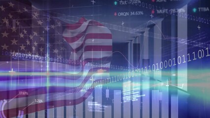 Poster - Flag emerging and rippling beside rising chart, binary scrolling and tickers updating for data flow