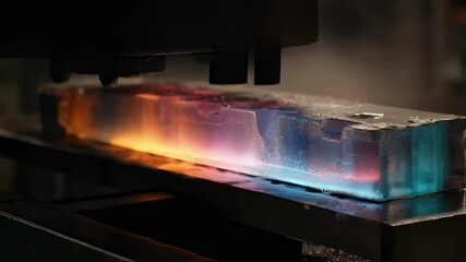 Poster - Transparent wax block experiencing gradual heat treatment, transforming from solid to liquid state while revealing intricate phase transition characteristics on specialized industrial machinery