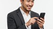 © Harry - Asian Man Happy Smiling Using Mobile Phone Wearing Suit on White Background