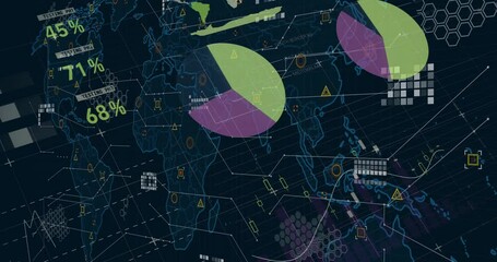 Poster - On load digital infographic animating gauges rising bars tracing graph rotating map showing metrics