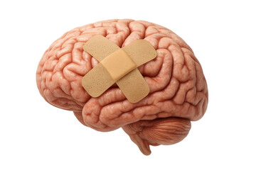 Poster - Realistic medical rendering depicting human brain wearing adhesive bandage, representing psychological healing and mental resilience against white transparent backdrop